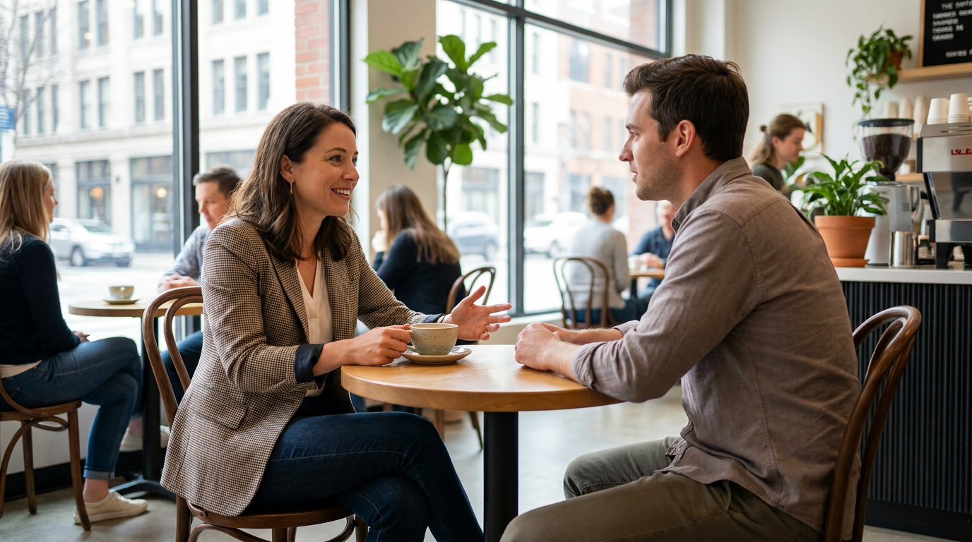 Lily, a woman in a plaid blazer, smiles and gestures with one hand while talking to a man across a round wooden table in a cafe.