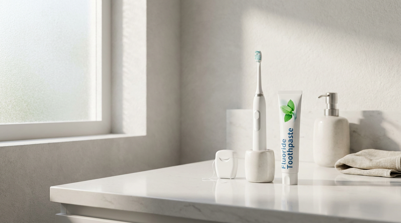 A white electric toothbrush, a container of dental floss, a tube of fluoride toothpaste, a soap dispenser, and a folded towel sit on a white countertop next to a window.