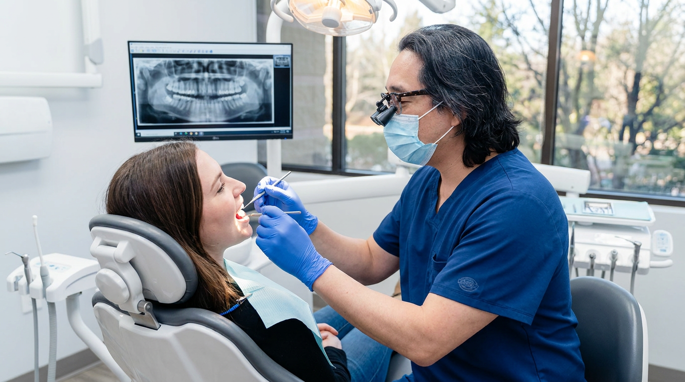 Dr. Taimur Raja, wearing blue scrubs, a face mask, and loupes, examines Lily's mouth with dental tools as she sits in a dental chair, with a monitor displaying an X-ray in the background.