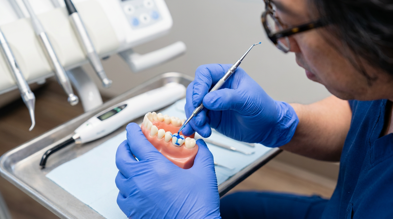 Dr. Taimur Raja, wearing glasses and blue scrubs, uses a dental tool to apply blue material to a tooth on a dental model, while wearing blue gloves.