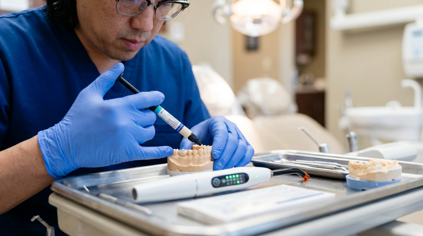 Dr. Taimur Raja, wearing glasses and blue scrubs, applies composite resin to a dental model with a small tool while wearing blue gloves, with a curing light and dental tools on a tray in the foreground.