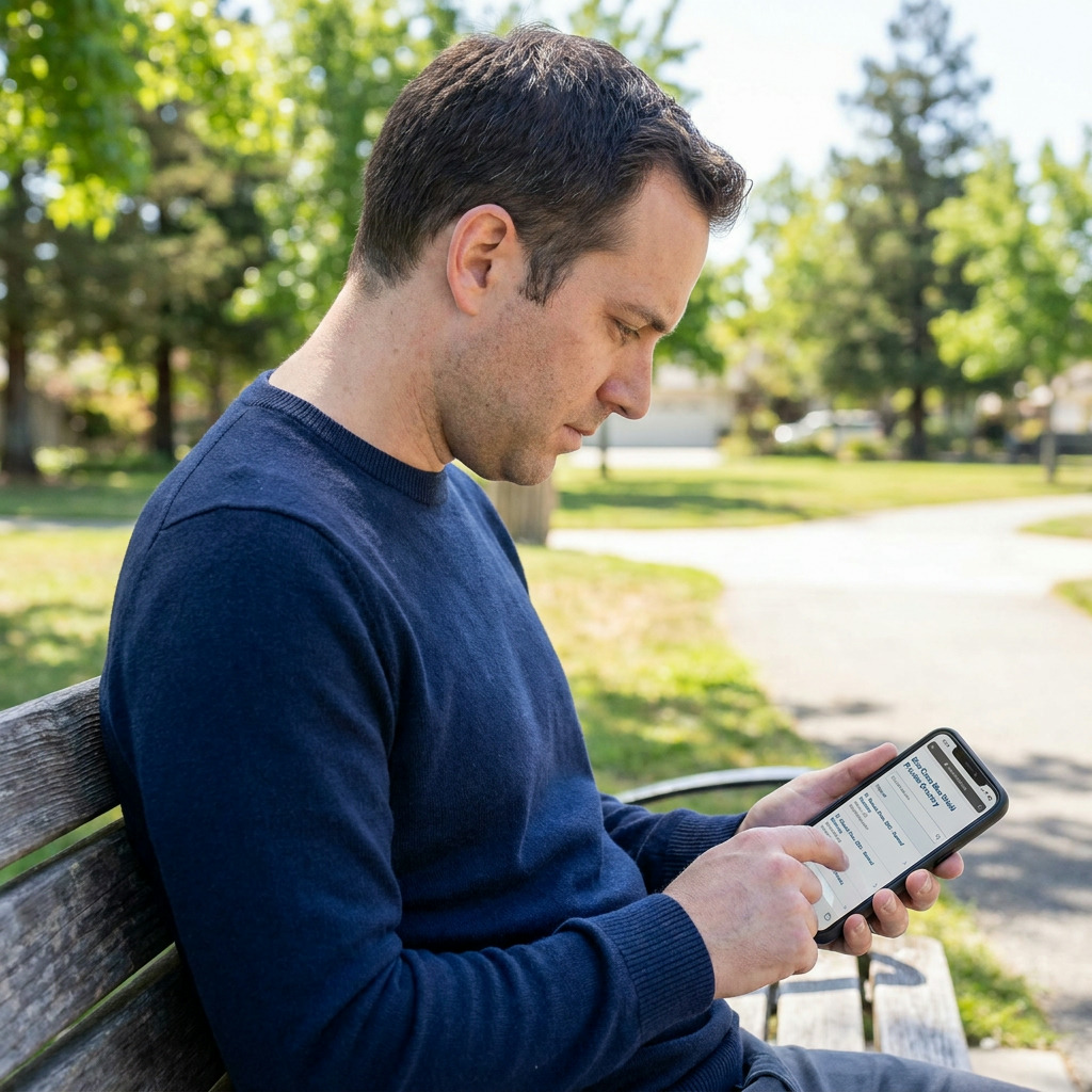 Mark sits on a wooden park bench, wearing a navy crewneck sweater, looking down at his phone and scrolling through content on the screen.