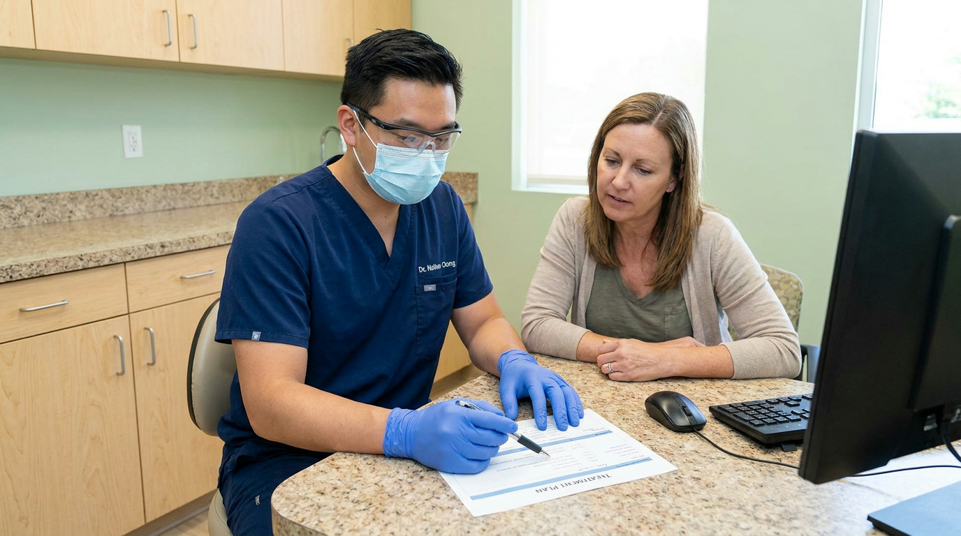 Dr. Nathan Chong, wearing blue scrubs, a face mask, safety glasses, and blue gloves, points to a document labeled "TREATMENT PLAN" with a pen while consulting with a patient at a speckled counter in an office with light green walls and