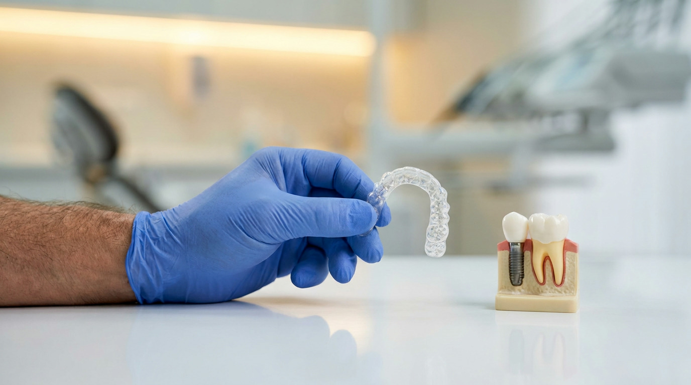 A gloved hand holds a clear dental aligner over a white surface, next to a model of a dental implant and a natural tooth, with a blurred clinic background.