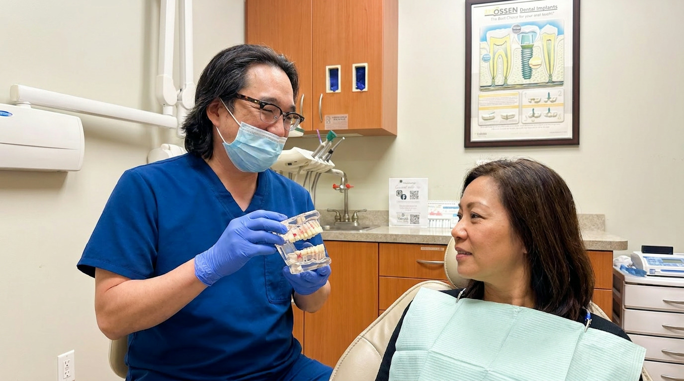 Dr. Nathan Chong, wearing a blue scrub top, mask, and gloves, holds a clear dental model while explaining something to a patient seated in a dental chair with a light green bib in a brightly lit dental operatory.