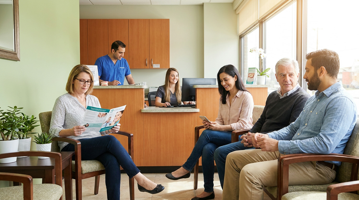 Four patients sit in a bright dental office waiting room, two men conversing, one woman looking at her phone, and another woman reading a brochure, while a male staff member stands behind the reception desk and a female receptionist works