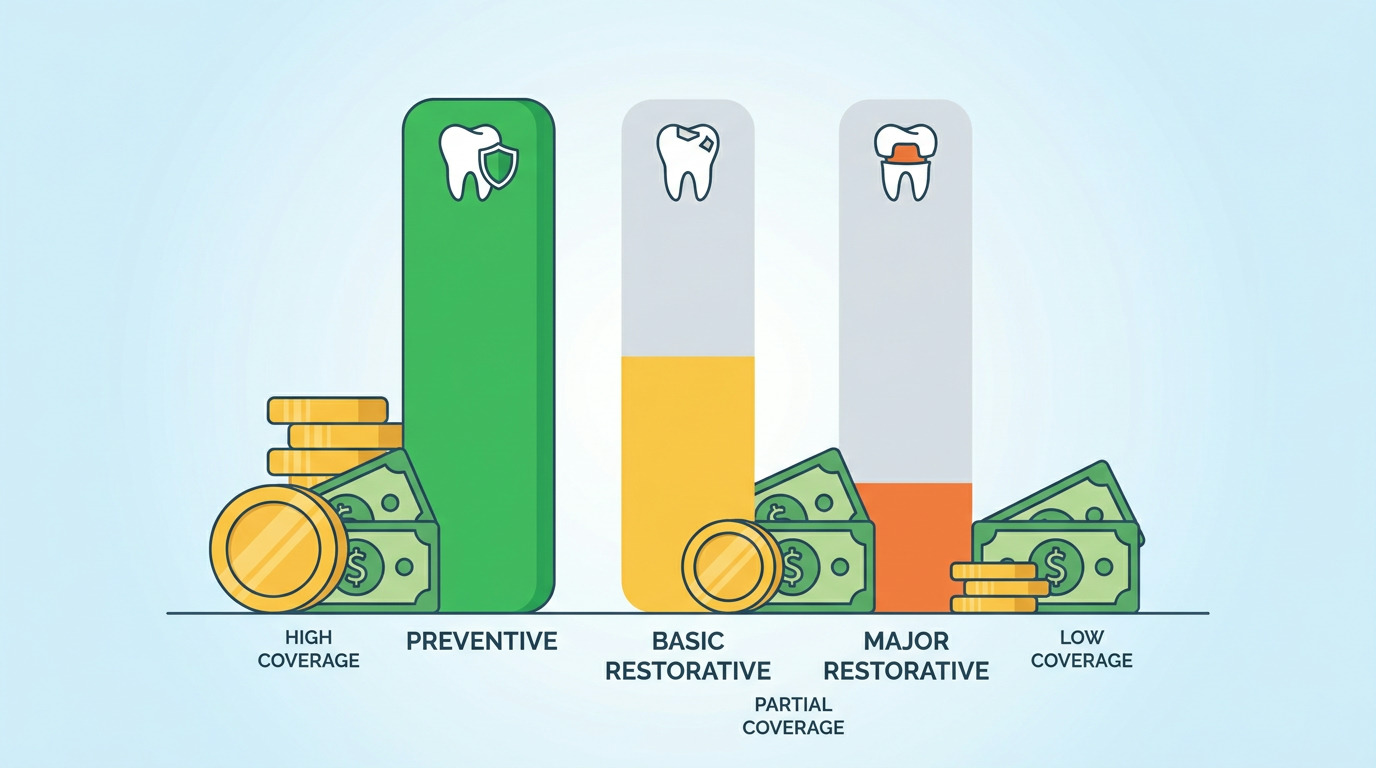 An infographic shows three vertical bars representing dental coverage: a tall green bar for Preventive, a medium yellow bar for Basic Restorative, and a short orange bar for Major Restorative, each with corresponding tooth icons and stacks