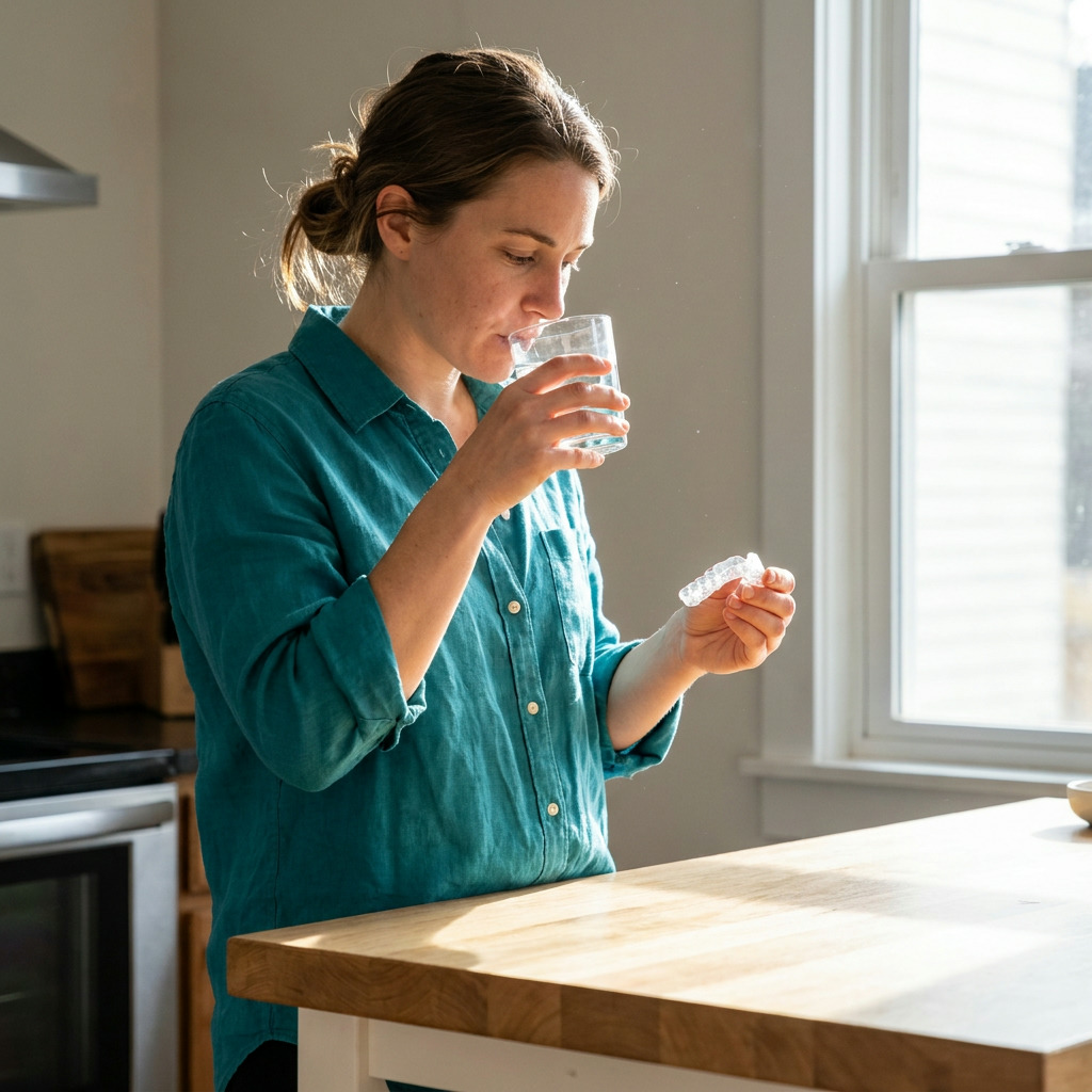 Rachel stands in a sunlit kitchen, holding a clear dental aligner in one hand and drinking from a glass of water with the other.