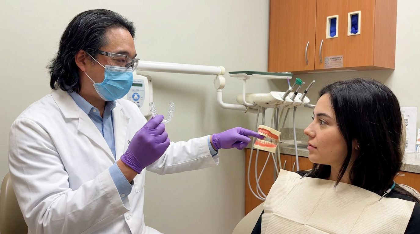 Dr. Nathan Chong in a white lab coat, blue shirt, mask, and purple gloves holds a clear mouthguard and points to a teeth model while explaining to a patient in a dental chair with a bib.