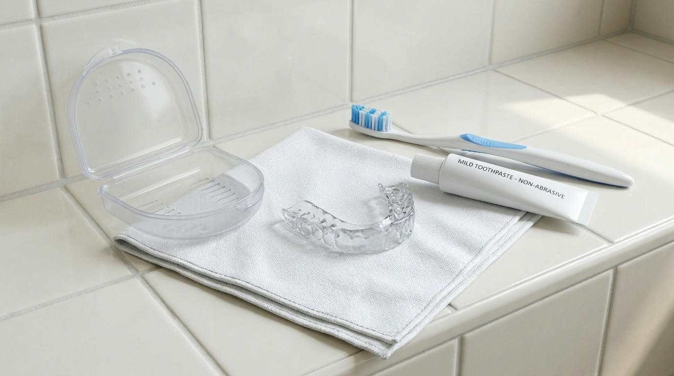 A clear mouthguard, open case, toothbrush, and toothpaste tube are on a white cloth on a tiled counter.