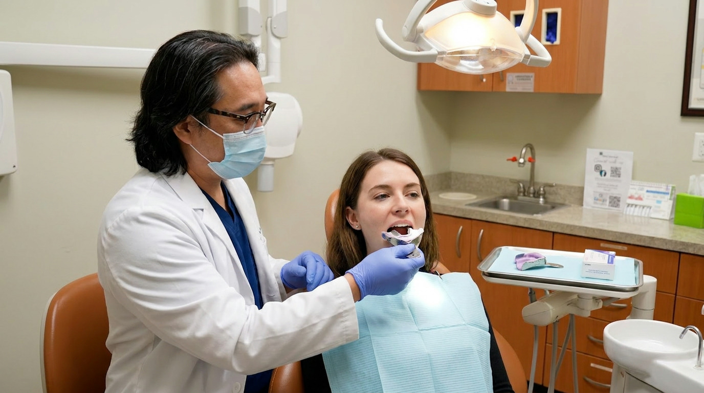 Dr. Nathan Chong, wearing a lab coat, mask, and blue gloves, holds an impression tray in Rachel's mouth as she sits in a dental chair with a light blue bib in a brightly lit dental operatory.