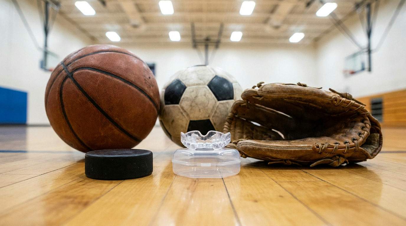 A basketball, soccer ball, hockey puck, baseball glove, and clear mouthguard with its case sit on a wooden gym floor with basketball hoops in the background.