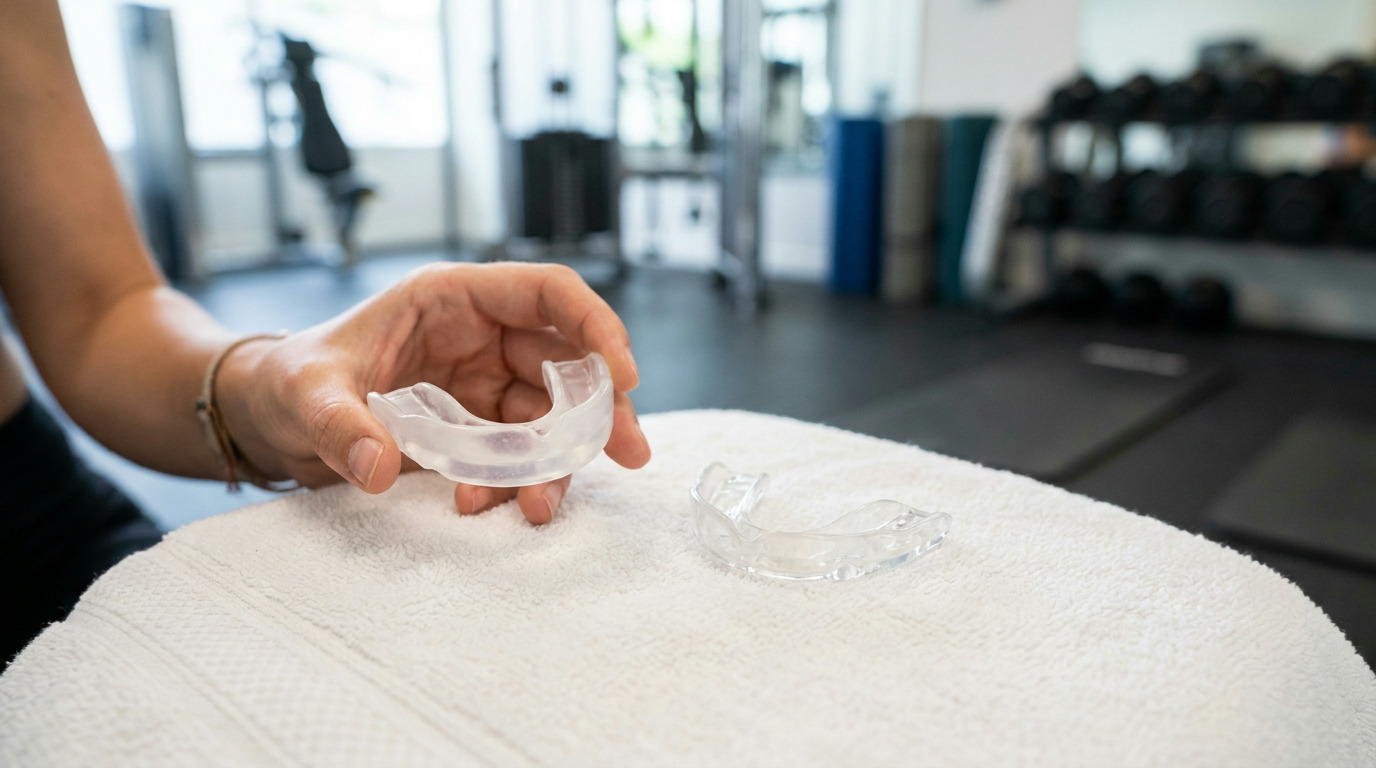A hand holds a clear mouthguard over another clear mouthguard resting on a white towel in a blurred gym setting.