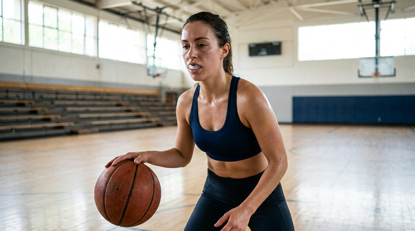 Rachel, wearing a navy sports bra and dark leggings, dribbles a basketball on a court, with a mouthguard visible in her mouth and sweat on her skin.