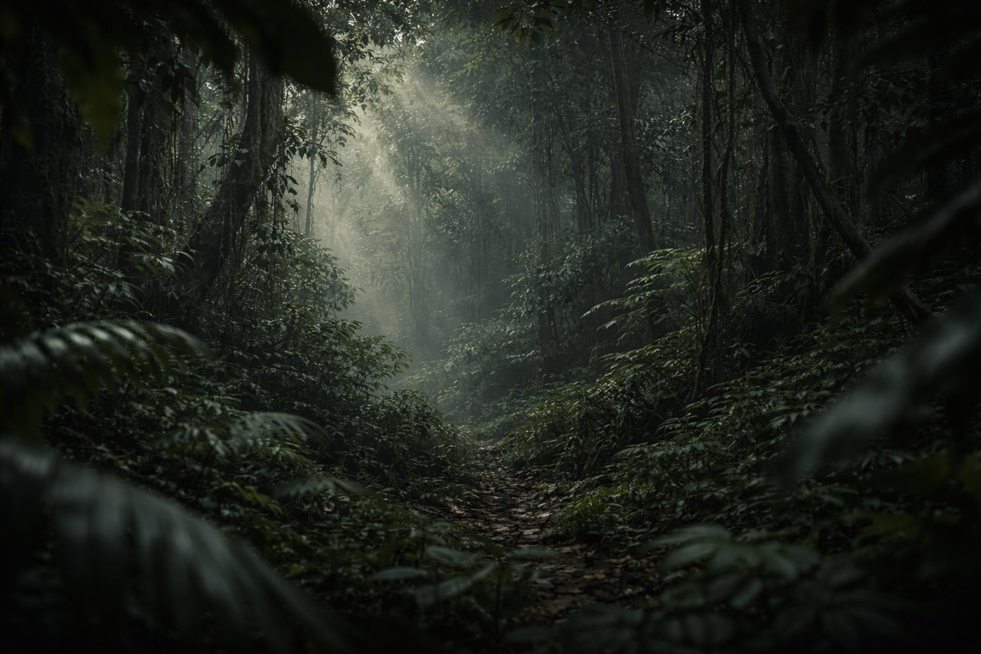 A quiet and misty forest setting.