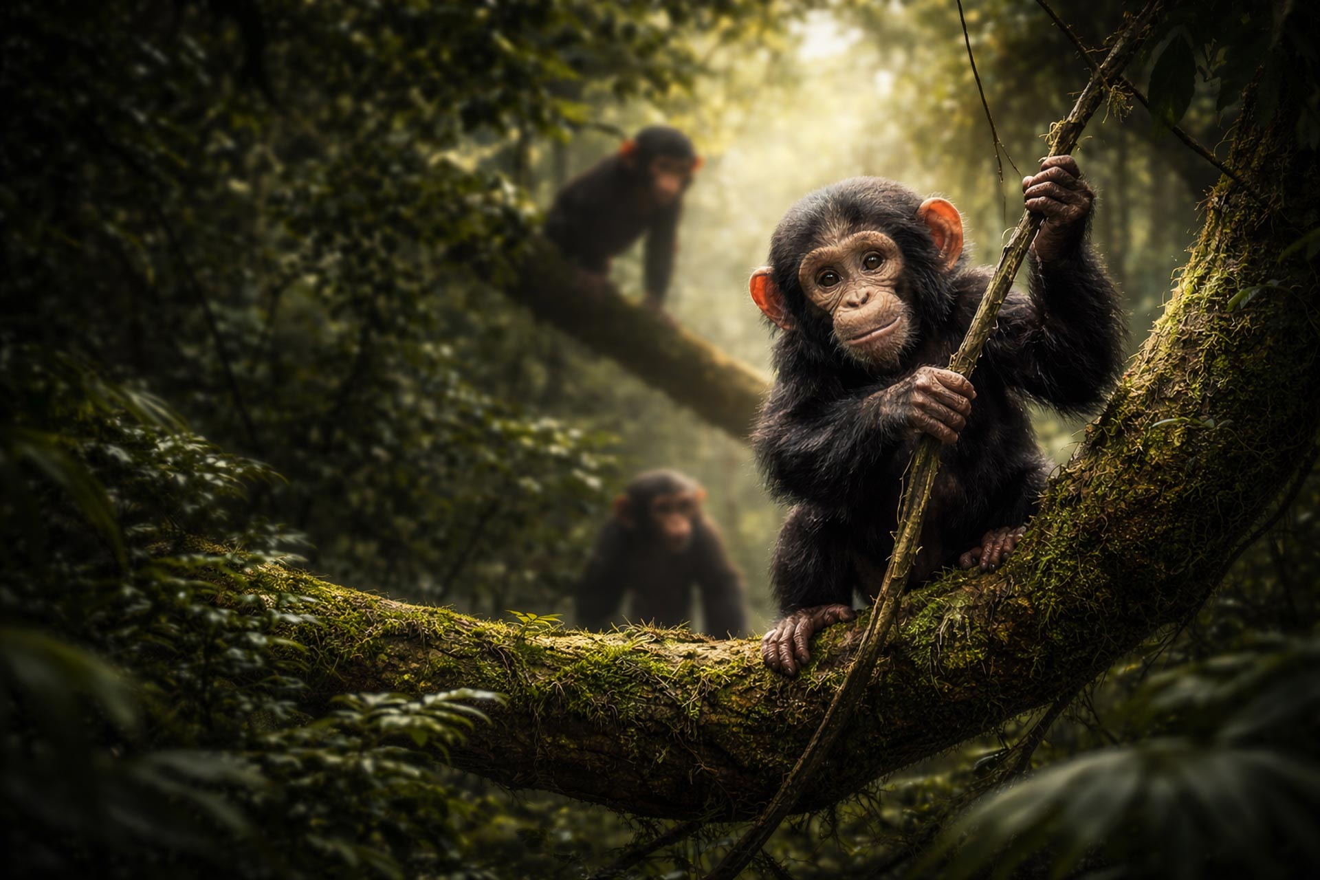 A young chimpanzee plays in the trees while more toddler chimpanzees are playing in the background.
