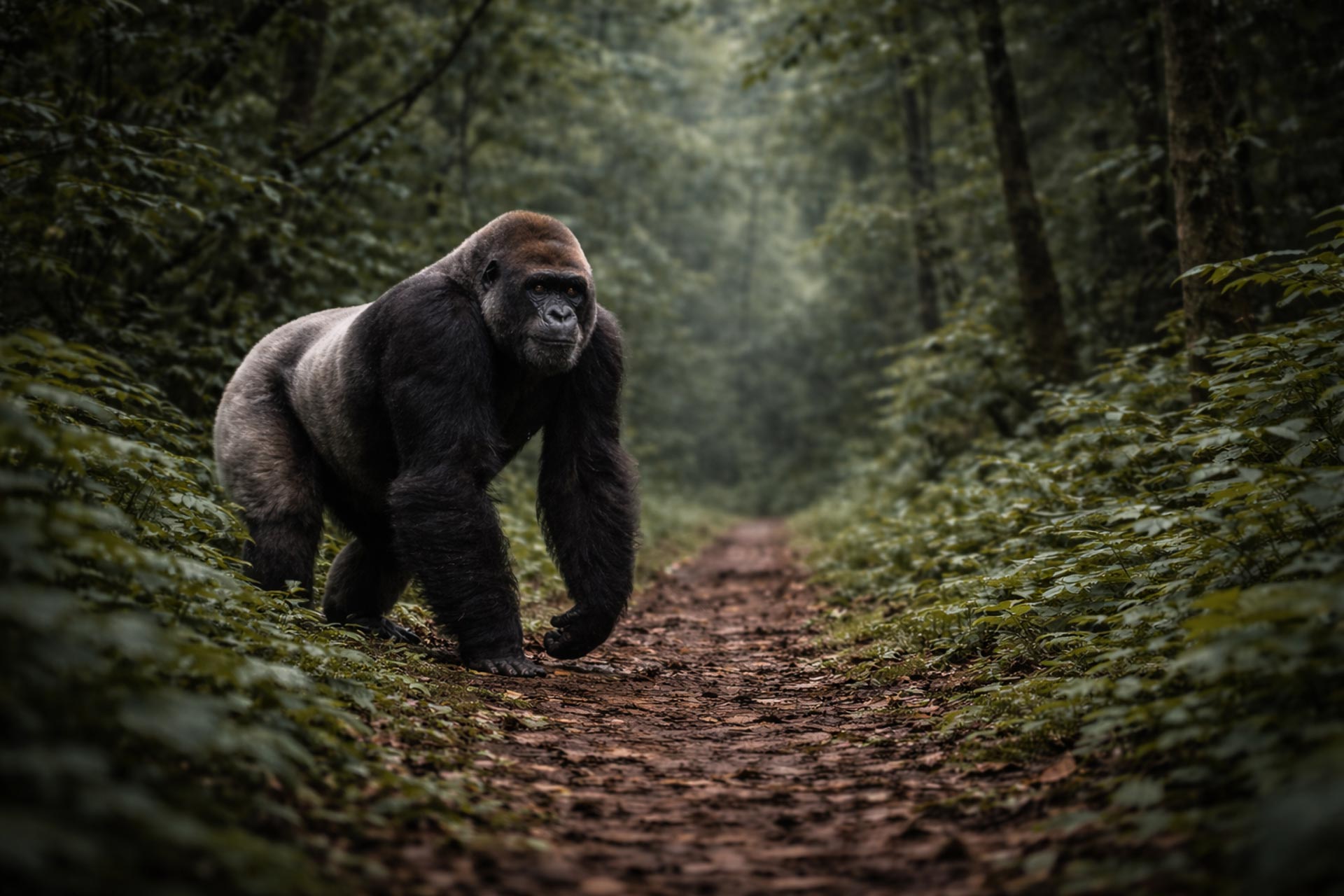 A male silverback gorilla roams the forest.