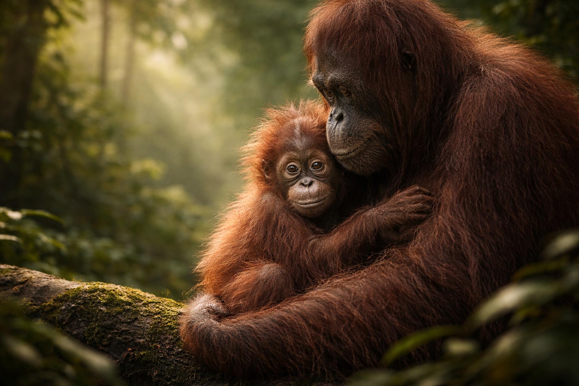 An infant orangutan is embraced by their mother while sitting in a lush, green forest.