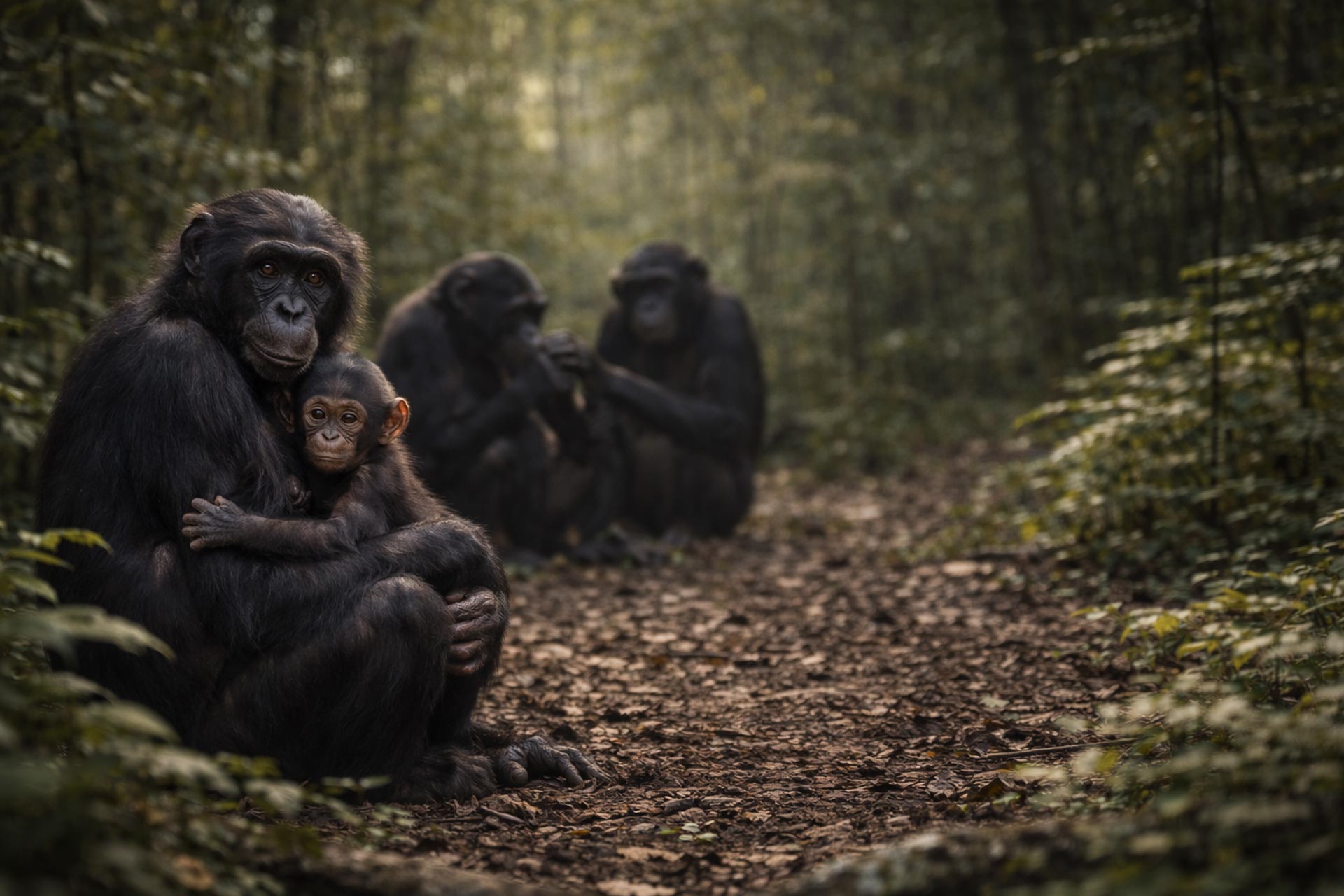 An infant bonobo is embraced by their mother while sitting in the forest and other bonobos groom each other in the background.