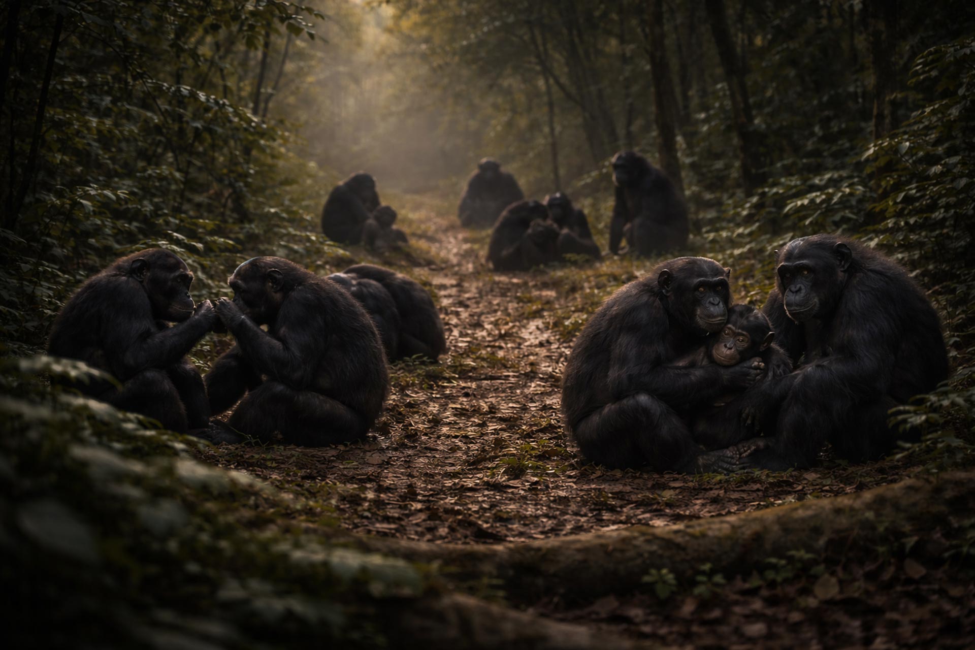 A group of chimpanzees sit and socialize while grooming each other.
