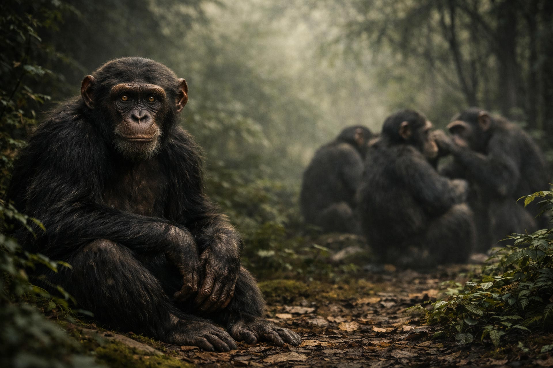 A male chimpanzee looks back at the viewer as he is calmly sitting in the forest and other chimpanzees groom each other behind him.