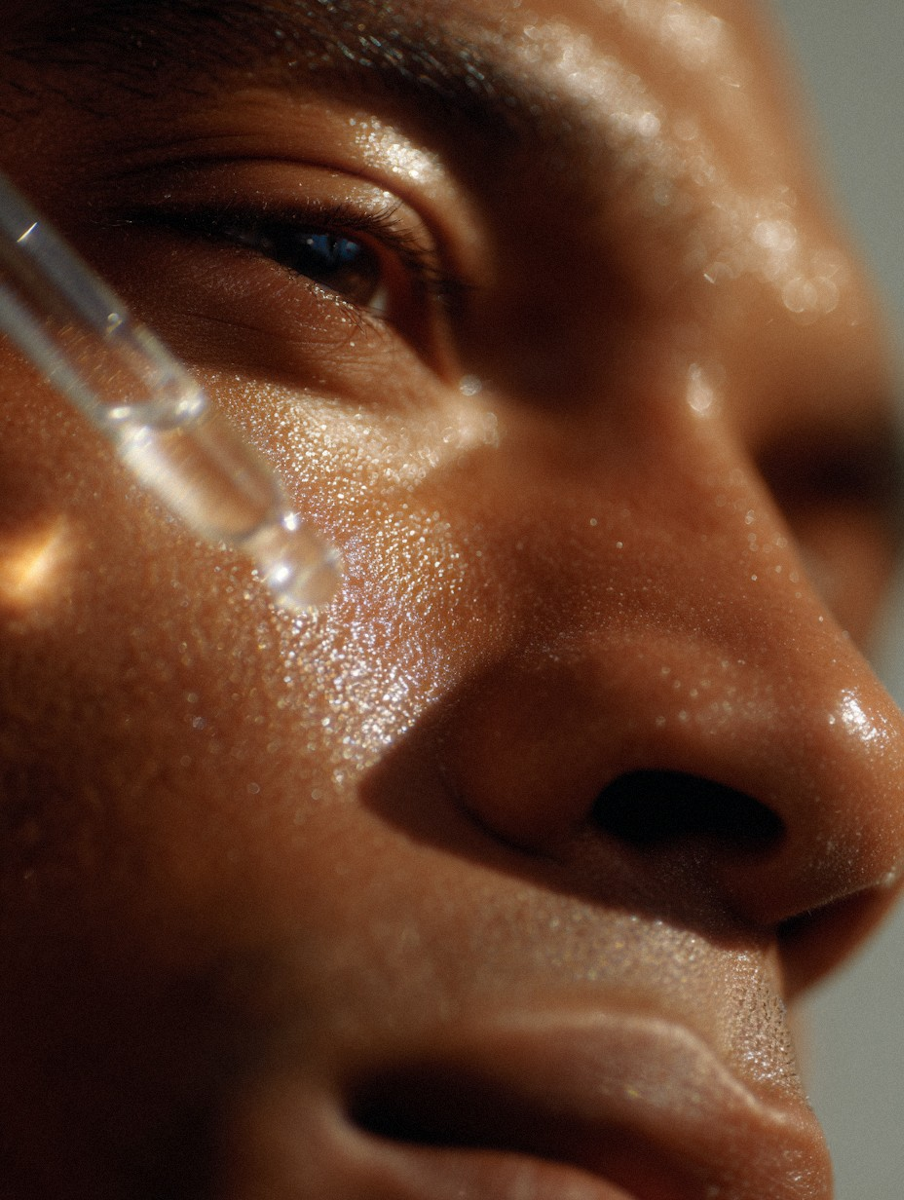 Nærbilde av en person som påfører serum på kinnet med en dråpeteller.