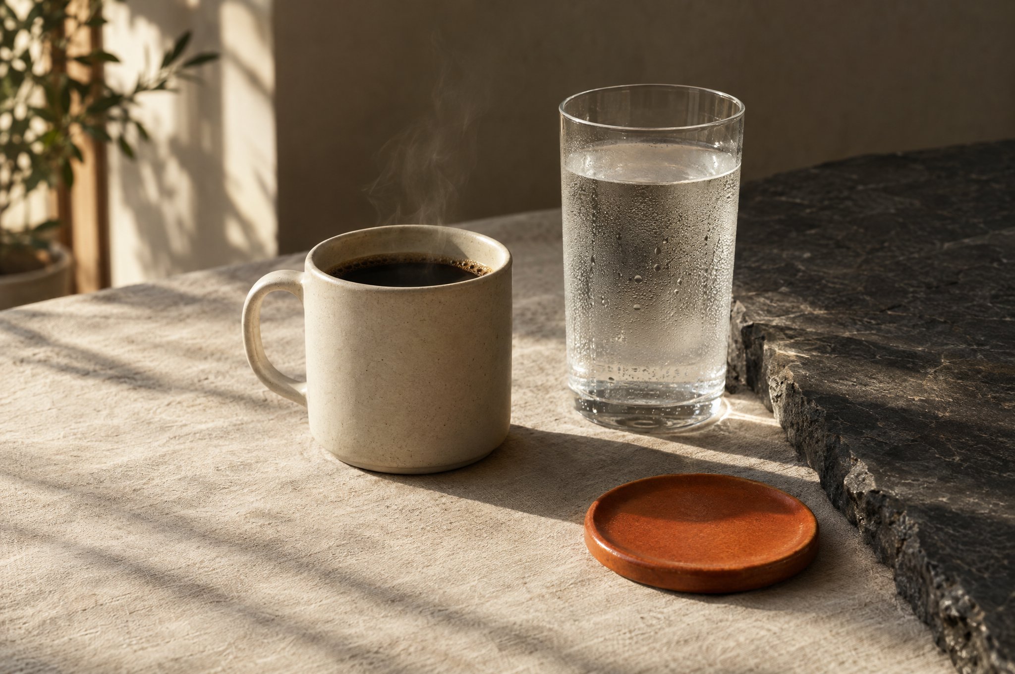A mug of black coffee next to a tall glass of water on linen and dark stone in warm morning light