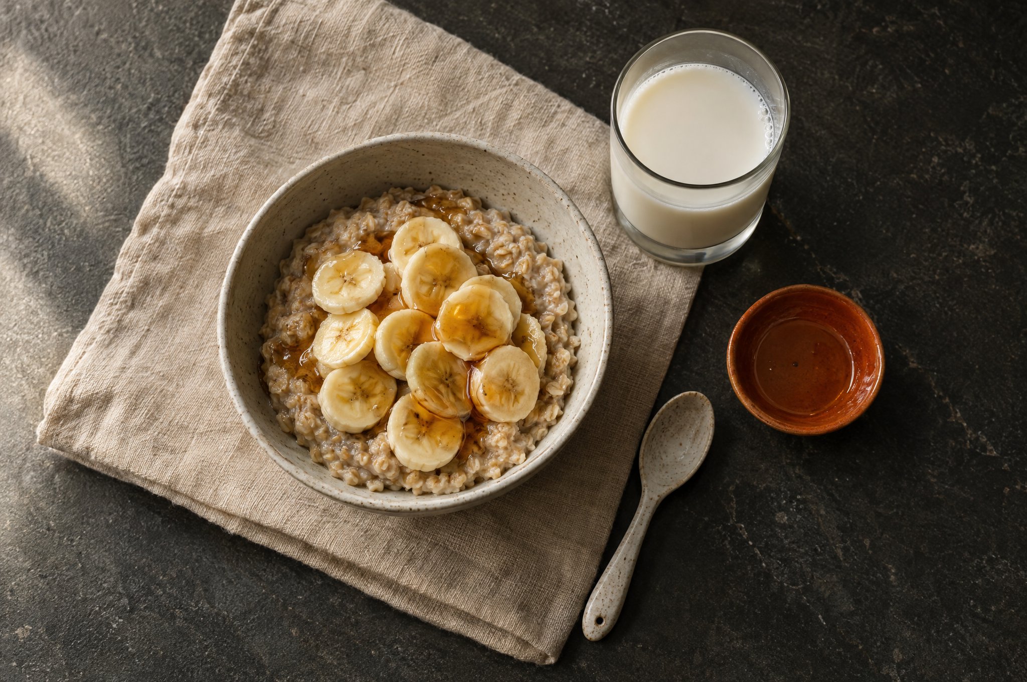 Overhead view of a bowl of oatmeal topped with sliced banana and maple syrup, with a glass of milk, on a linen napkin over dark stone