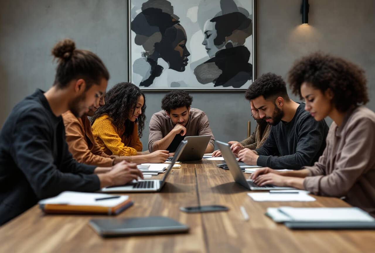 Six diverse young adults working on laptops and tablets around a wooden table in a modern room with abstract art on the wall.