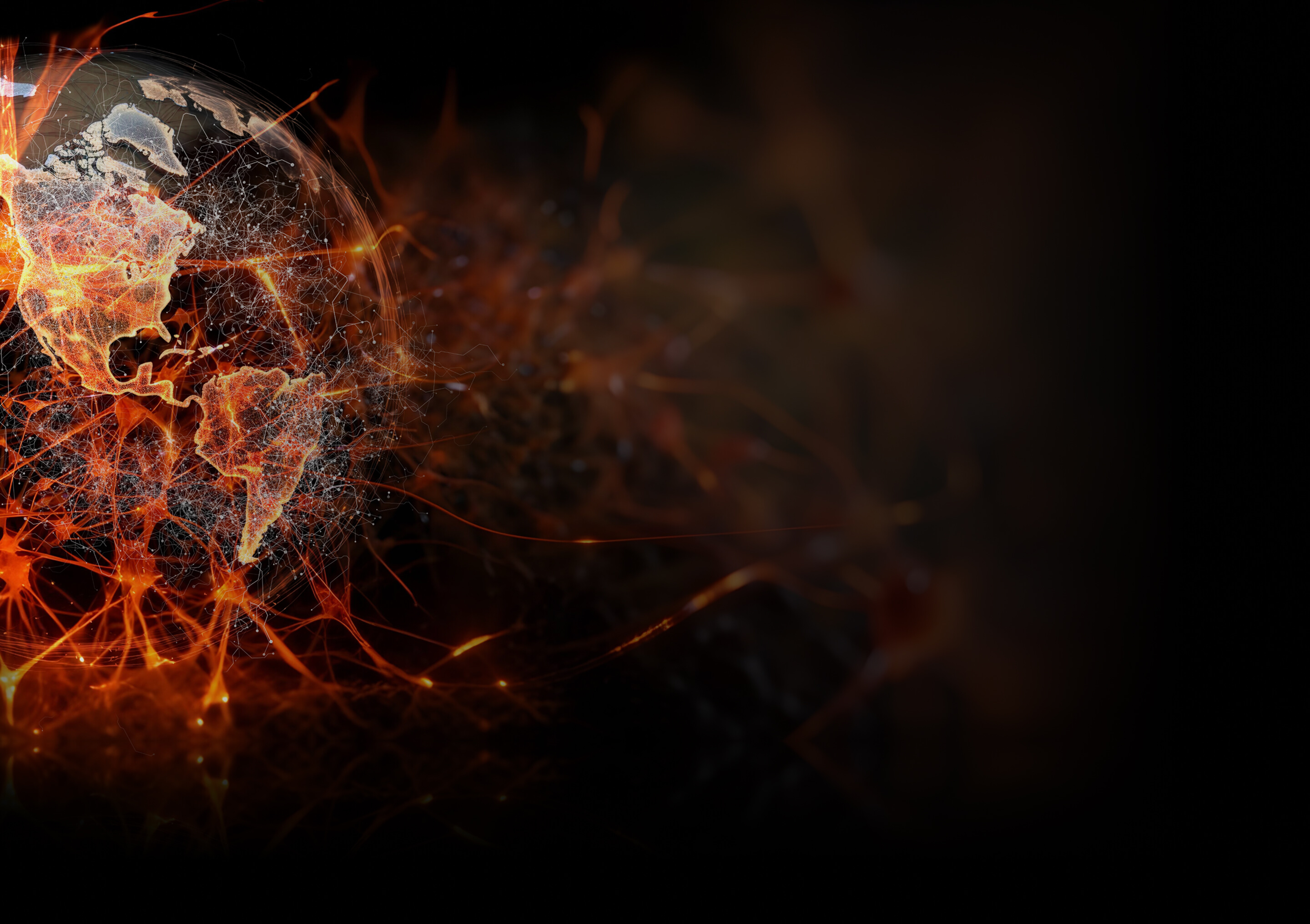 Digital globe showing North and South America with fiery orange network connections on a dark background.
