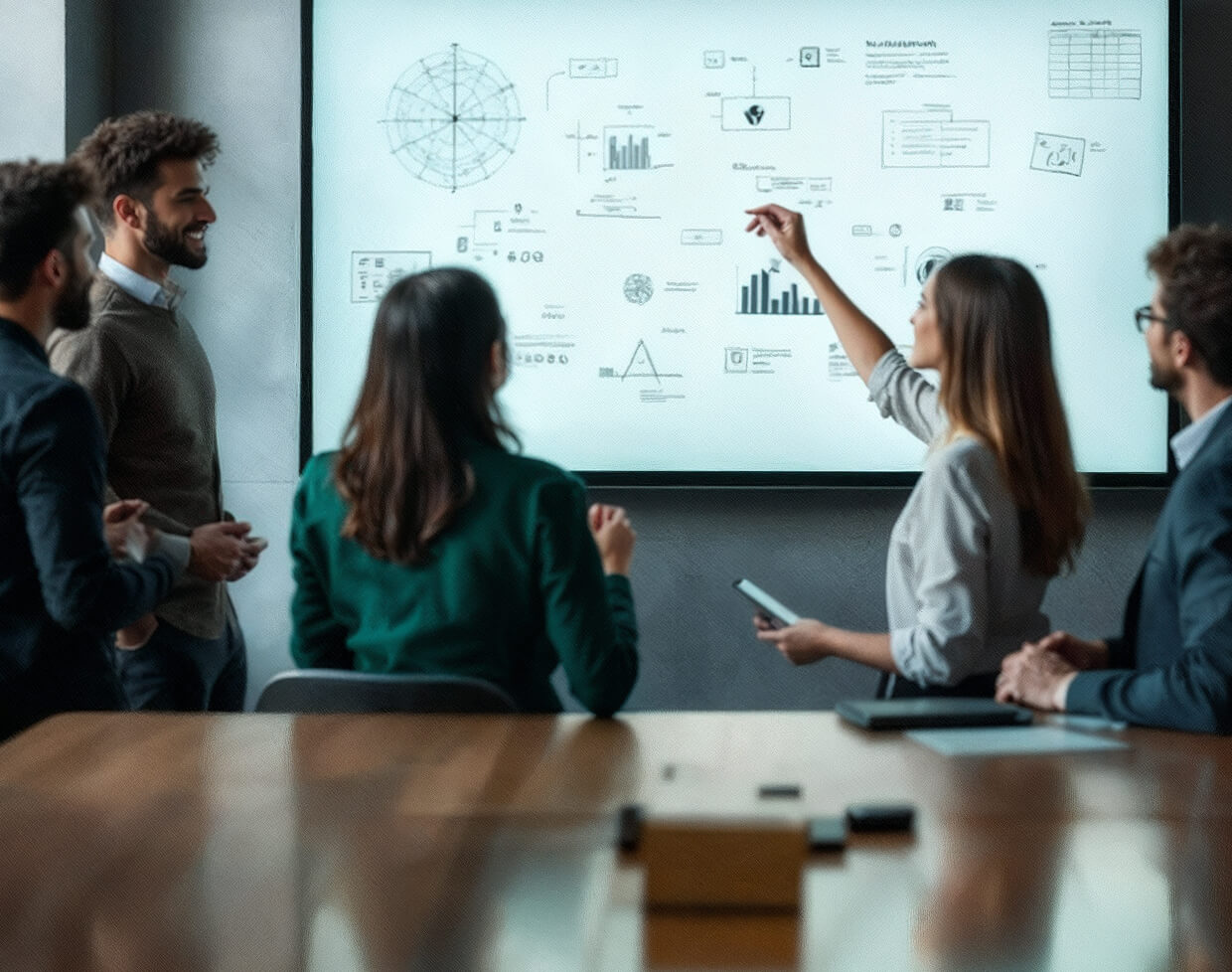 Five Neonom colleagues in a meeting room discussing data charts and graphs displayed on a large screen.