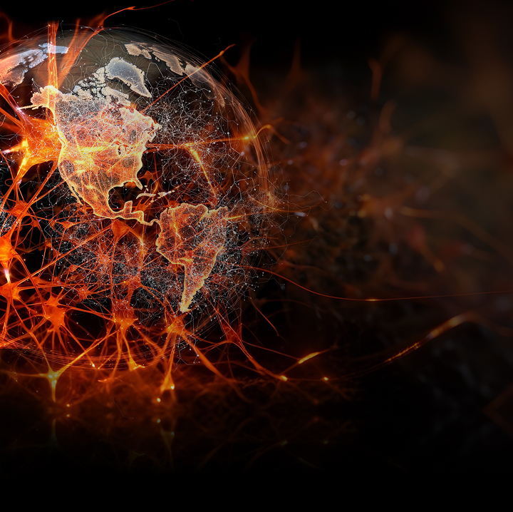 Digital visualization of Earth focusing on the Americas with glowing orange neural network connections.