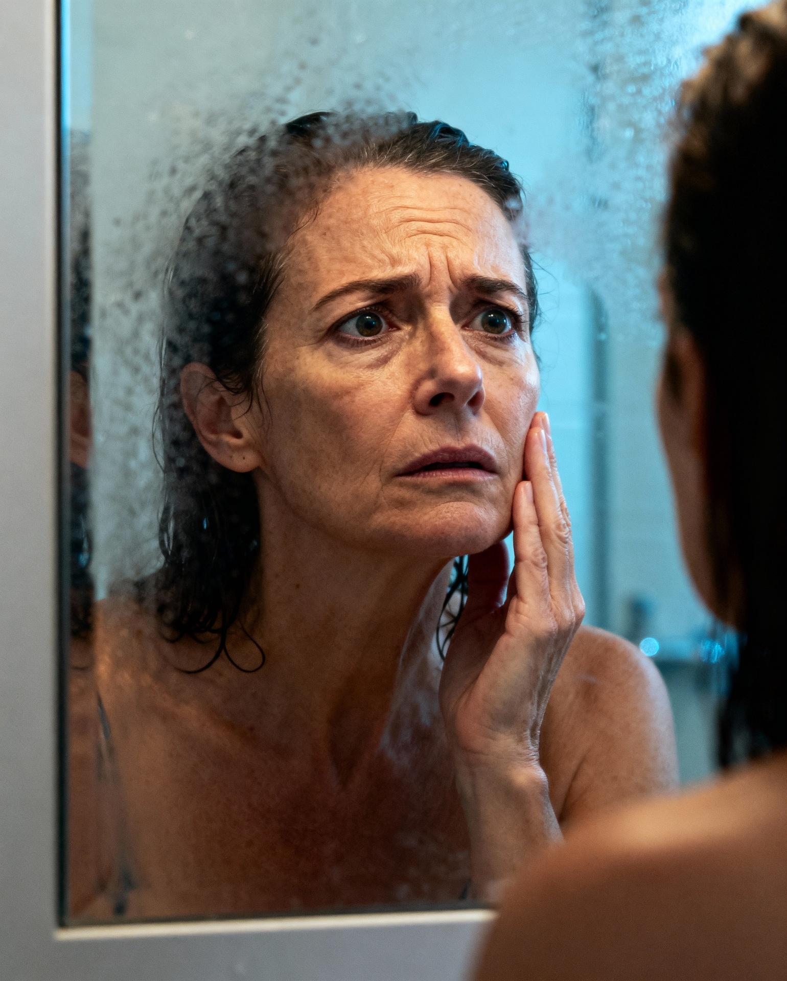 Woman looking at her reflection with concern about her skin