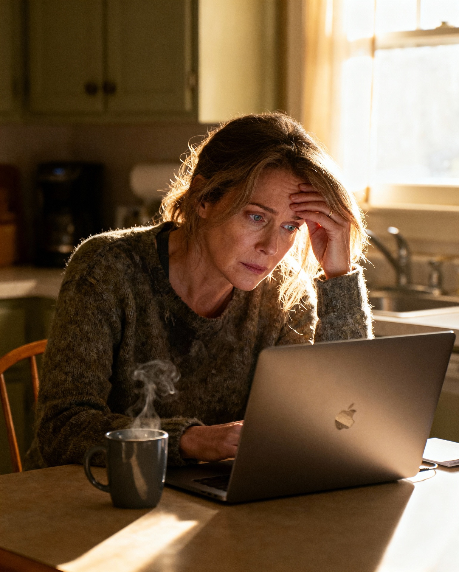 Woman struggling to focus while reading on laptop