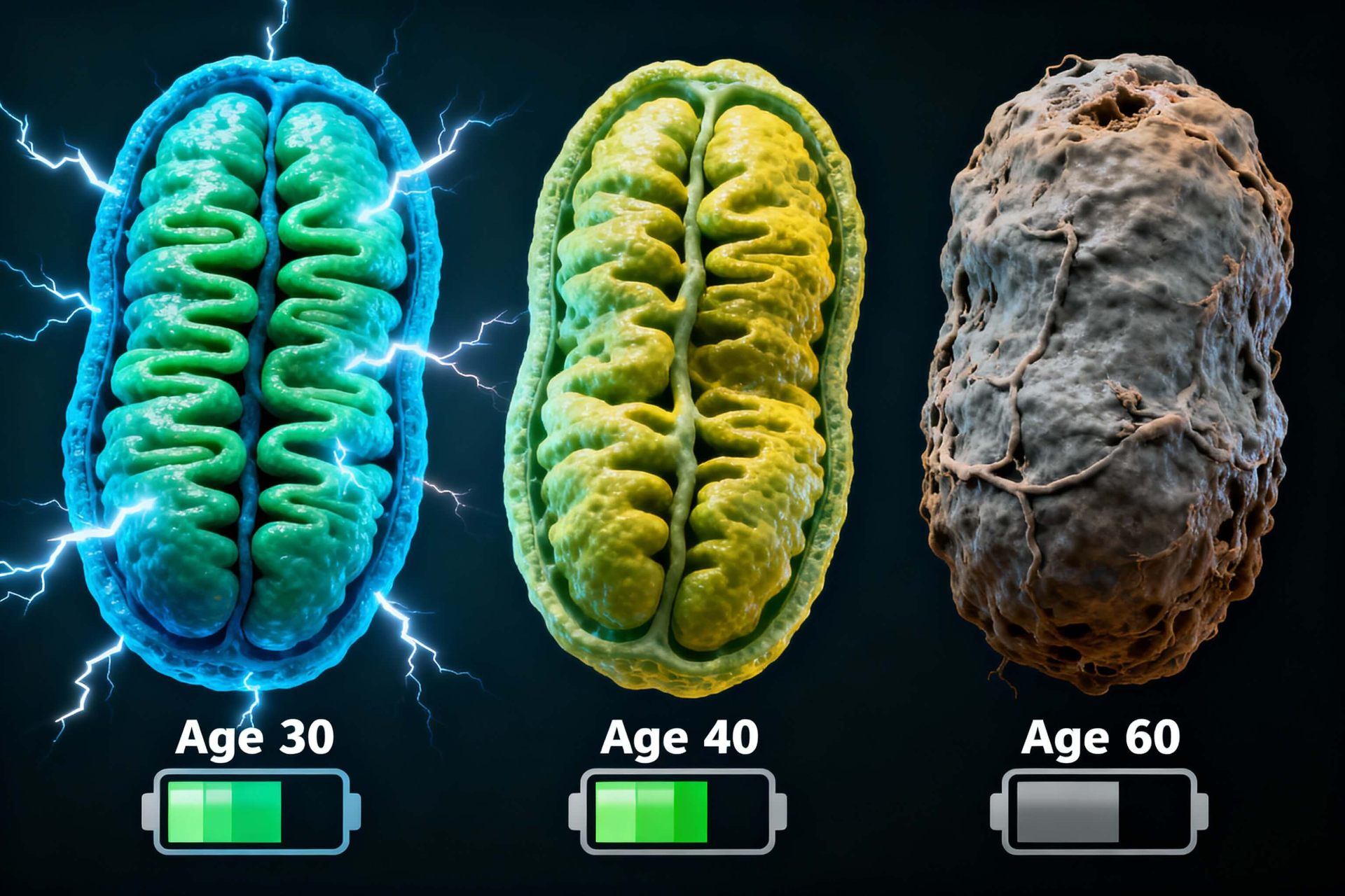 Mitochondria energy decline with age - Age 30 vs 40 vs 60