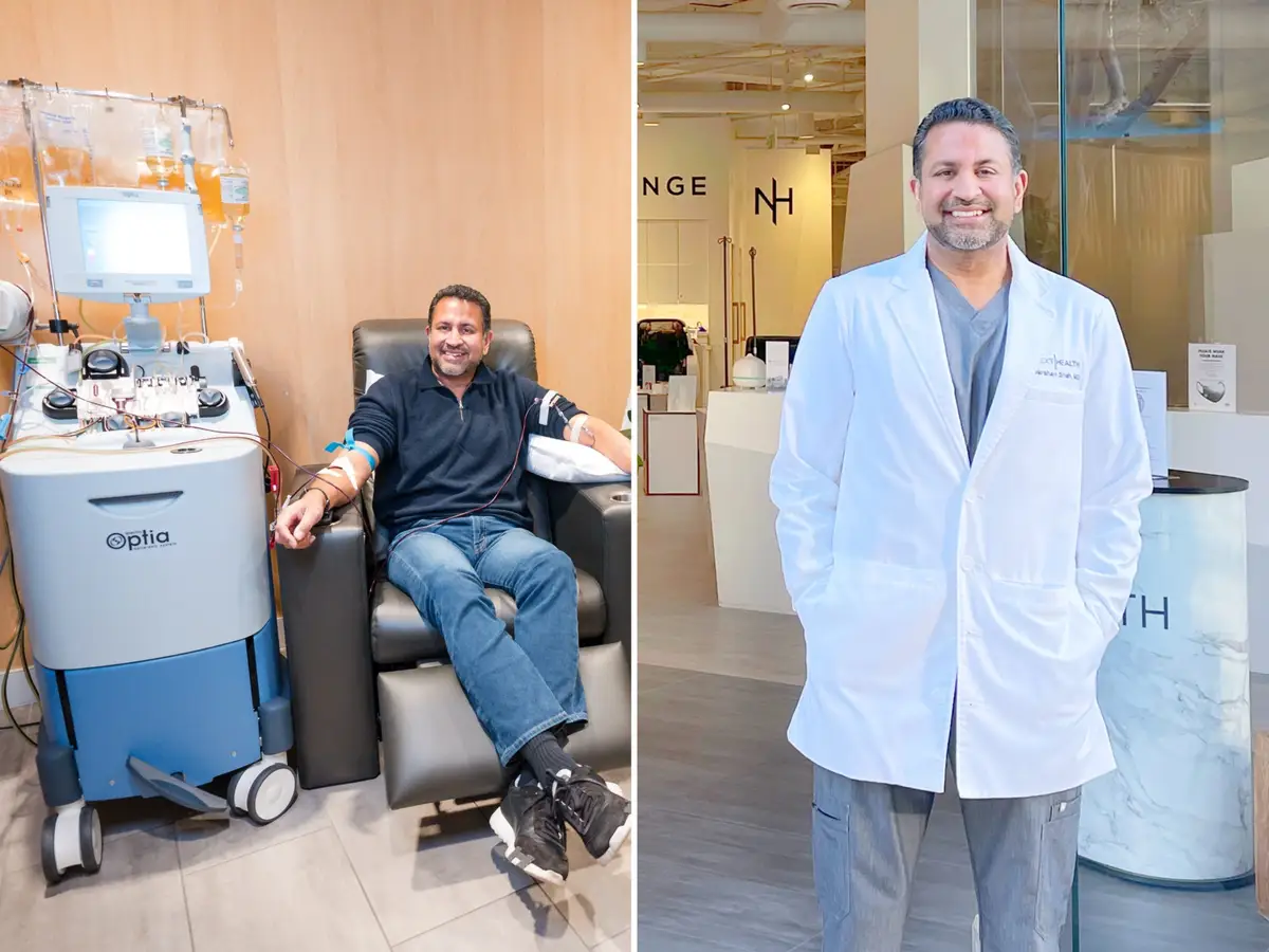 Dr. Shah receiving IV therapy and in lab coat