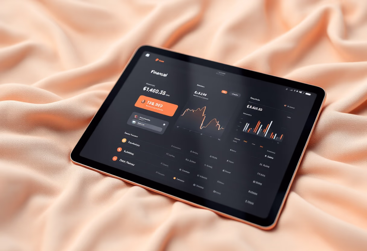 [interface] financial software interface on tablet in soft environment