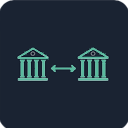 Two classical bank building icons connected by a double-headed arrow symbolizing a transaction or transfer.