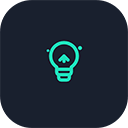 Turquoise light bulb icon with a heart-shaped filament on a dark background.