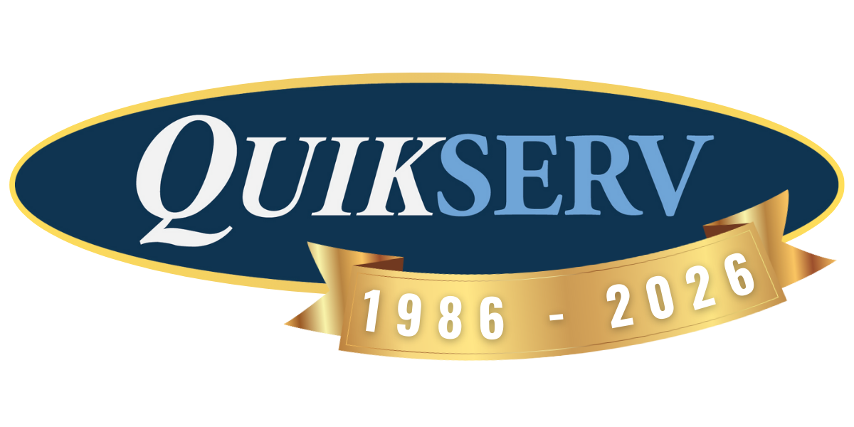 QuikSERV logo with a blue oval background and a gold ribbon below showing the years 1986 - 2026.