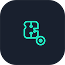 Abstract turquoise brand integration icon with interlocking shapes and a circle, on a dark background.