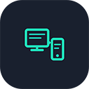 Icon of a desktop computer monitor and a smartphone in teal on a dark background.