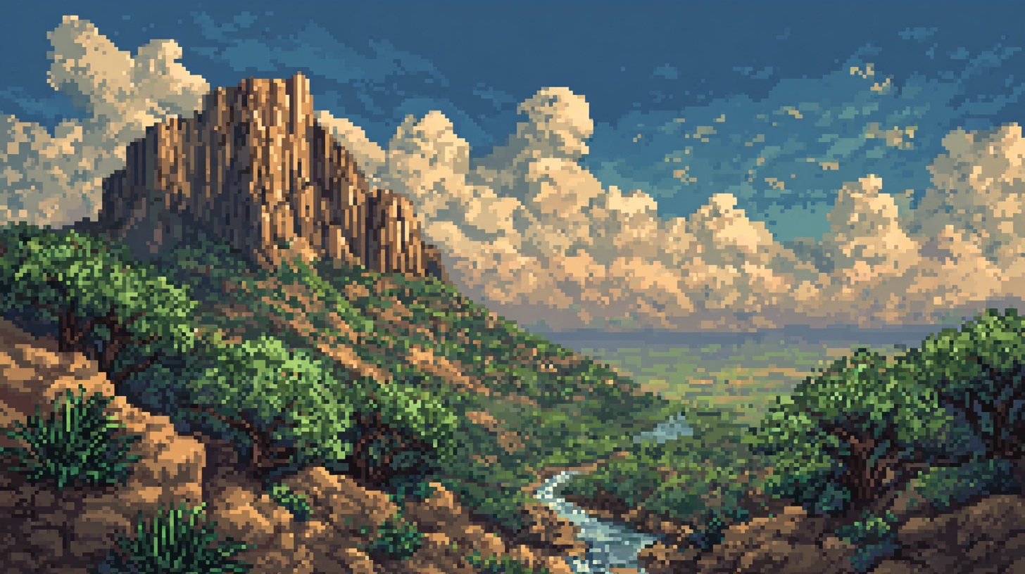 Blue Oak Grove - Hidden Valley Discovery - 16-bit pixel art landscape