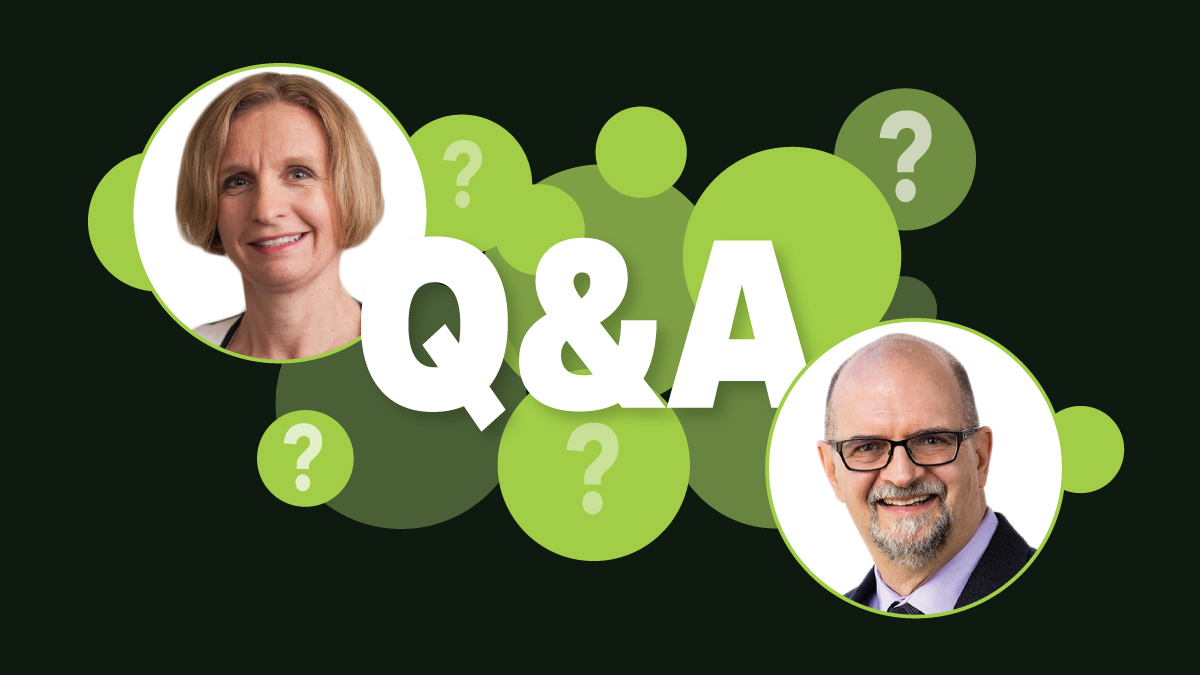 smiling face of Katy, COO, asks the "Q" while smiling face of Don, Regulatory Master Practice Expert, gives the "A"s