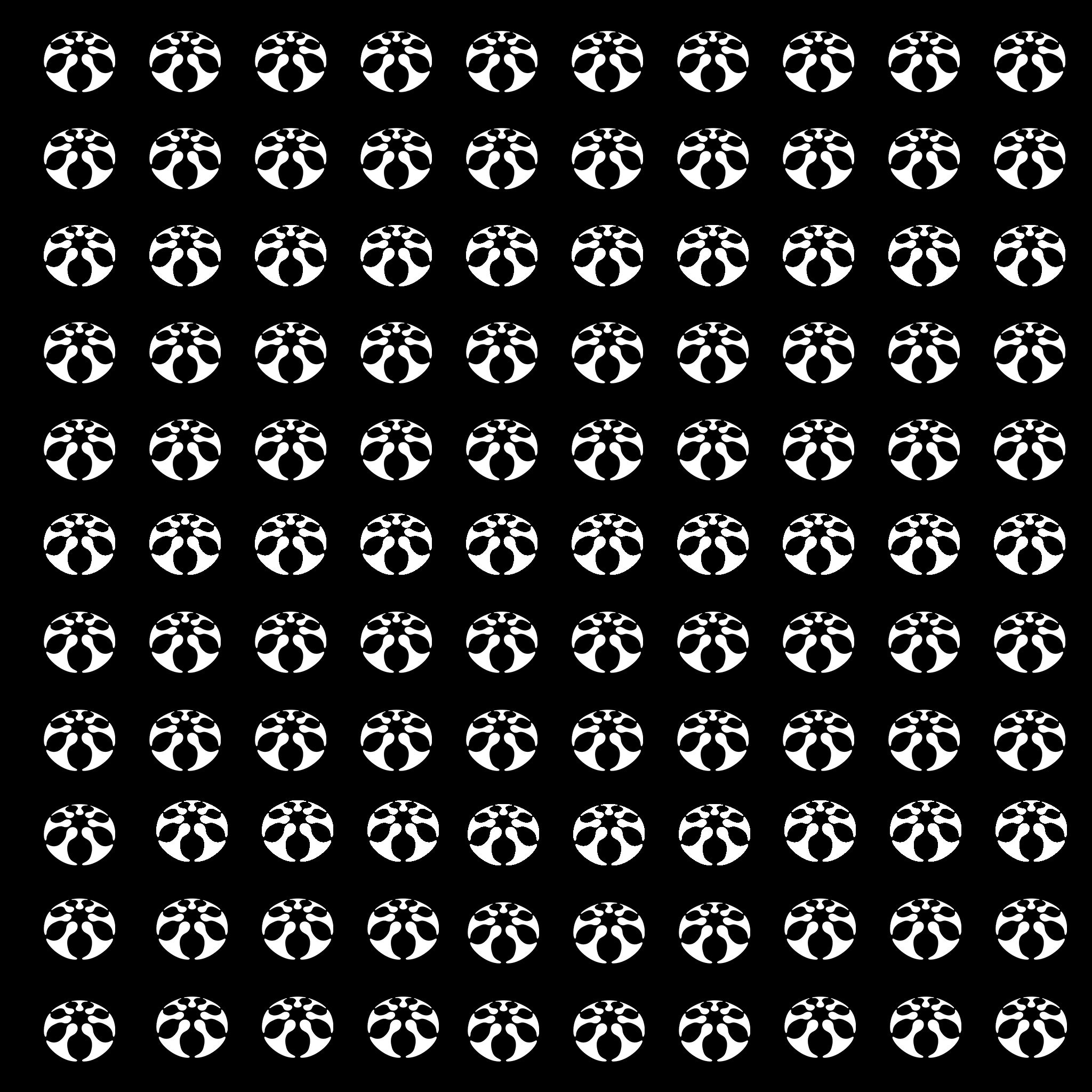 Grid of white circular designs with symmetrical abstract shapes on a black background, arranged in rows and columns.