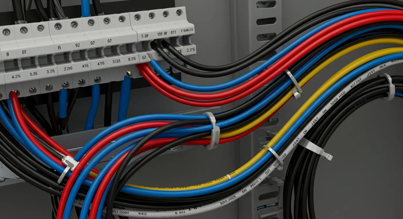 Close-up view of colorful electrical wiring connected to a circuit breaker panel.