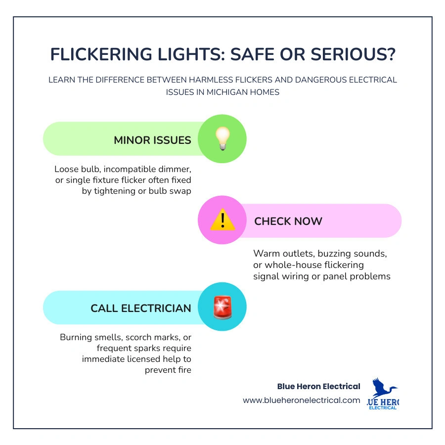 Infographic showing harmless vs dangerous flickering lights causes and when to call a Michigan electrician infographic