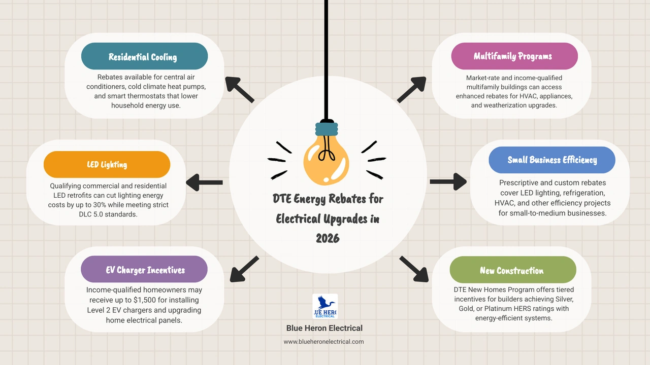 DTE Energy Michigan rebates and incentives overview infographic showing programs, eligible upgrades, and application steps