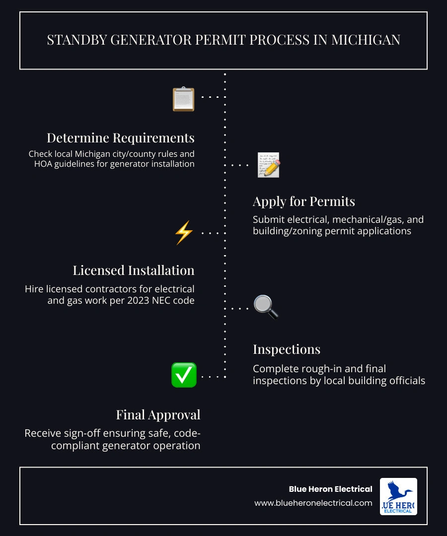 Infographic showing the standby generator permit process in Michigan: electrical, mechanical, and building permits required