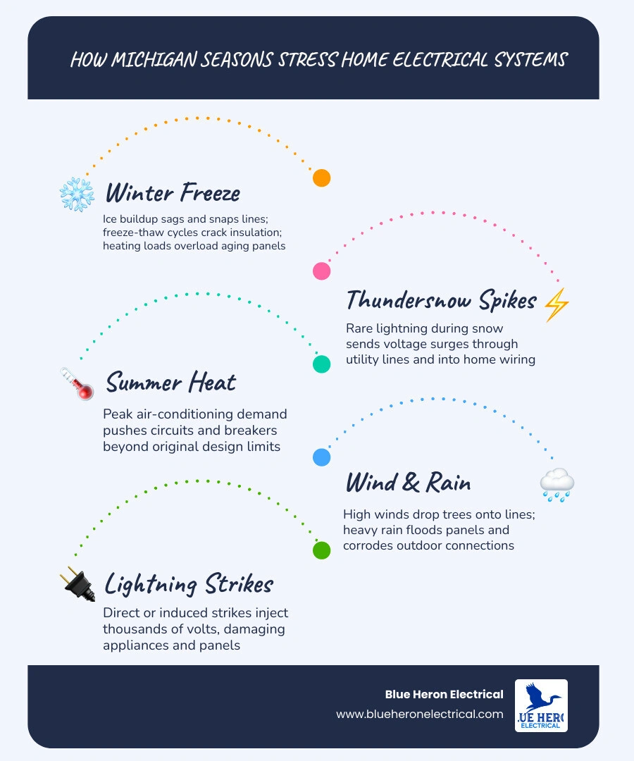 Infographic: How Michigan seasons stress home electrical systems - winter freeze, summer storms, and key risks for Metro